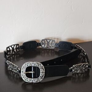 Leather and Metal Work Belt. Women's measures 36.5 in. Color Black & Silver.
